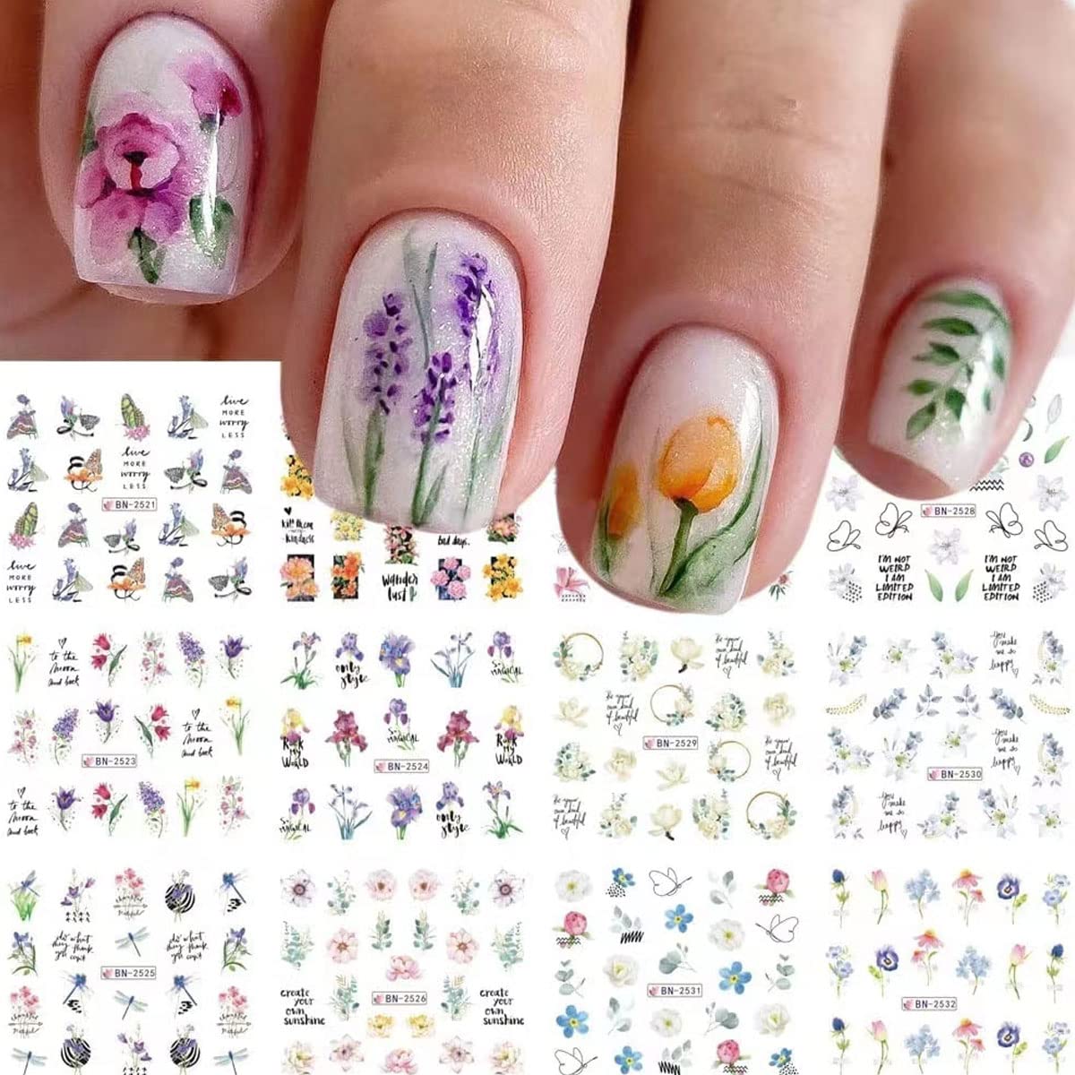 Elegant White Floral Water Transfer Nail Stickers - Rose Lily Tulip Dragonfly Nail Art Decals for Acrylic Nails | Spring Summer Nail Design Supplies (12 Sheets) | Perfect for DIY Manicures, Bridal Nails & Salon Nail Art