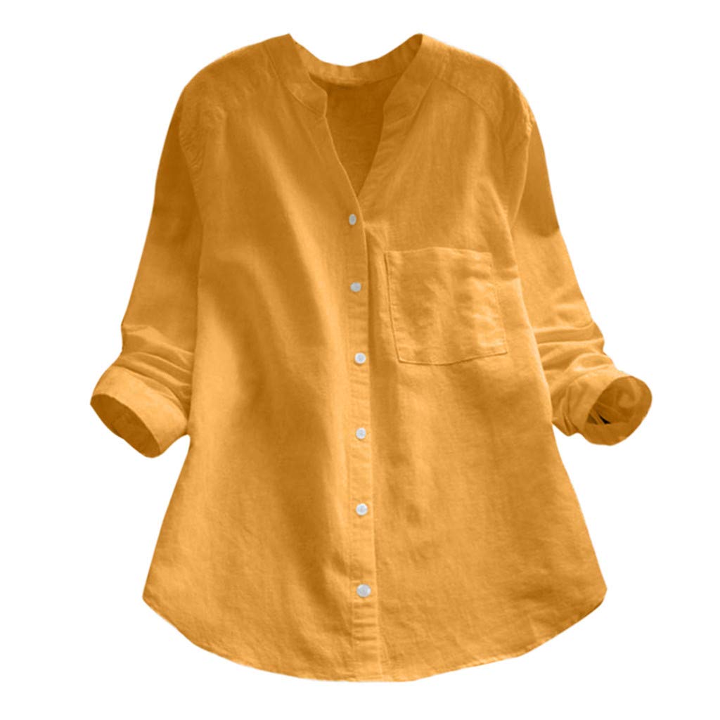 PBNBP Women's Linen Long Sleeve Blouse - Solid Color V-Neck Button-Up Shirt with Cuff Sleeves for Summer & Fall | Loose Fit Casual Tops for Work, Date Night & Everyday Wear