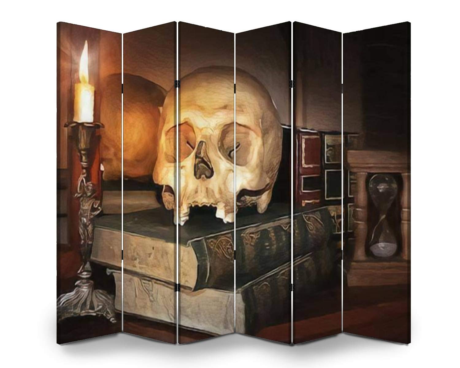 6-Panel Wooden Room Divider with Skull Art Print - Dual-Sided Folding Privacy Screen for Home & Office Decor | Indoor Partition Wall with Canvas Display Shelves | Perfect for Studios, Living Rooms and Event Spaces