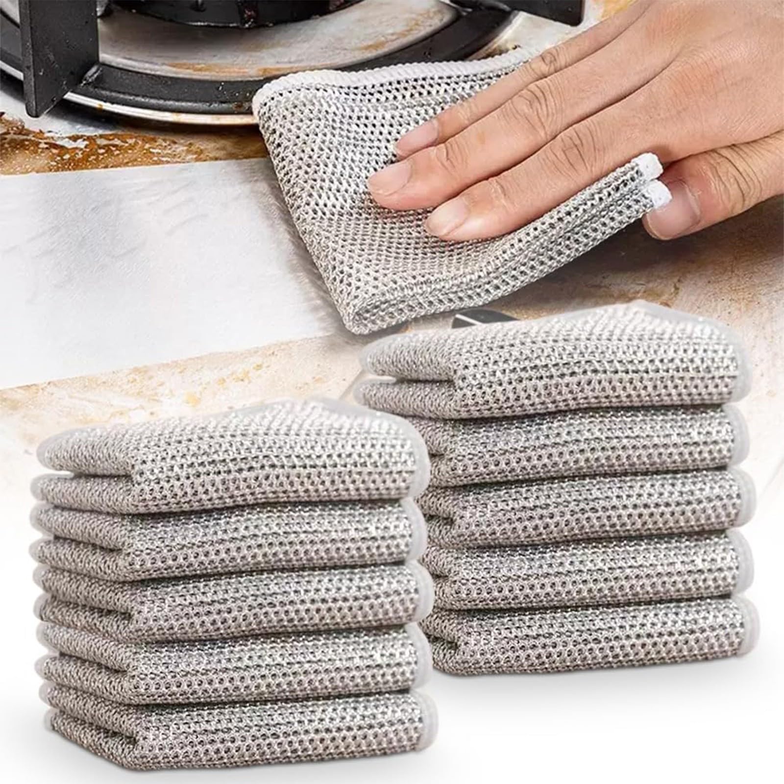 10-Pack Reusable Stainless Steel Scrubber Pads - Heavy Duty Wet & Dry Dish Cleaning Pads for Pots, Pans, Grill & Kitchen Utensils - Rustproof Metal Scouring Pads for Tough Stains & Grease Removal