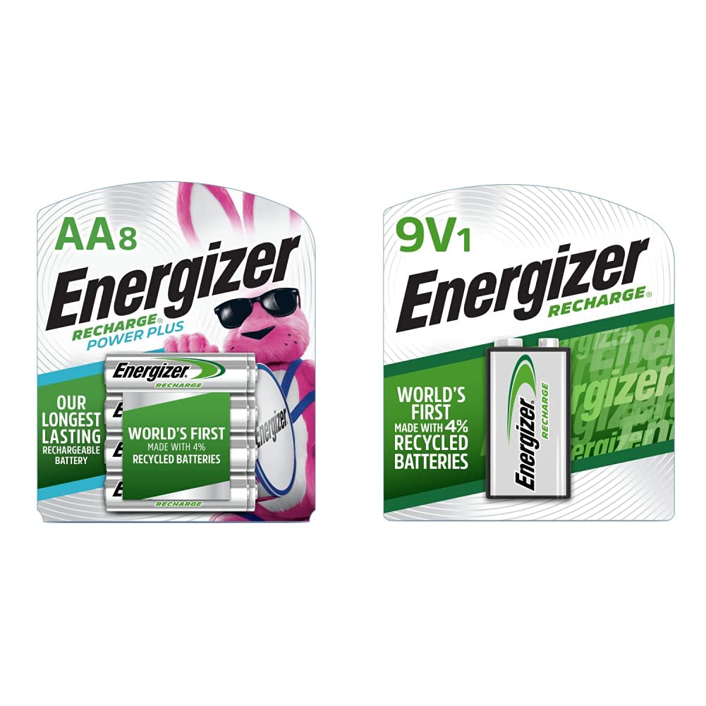 Energizer Rechargeable AA Batteries (8-Pack) & 9V Battery (1-Pack) Bundle - Long Lasting Power for Toys, Cameras, Flashlights and Electronics