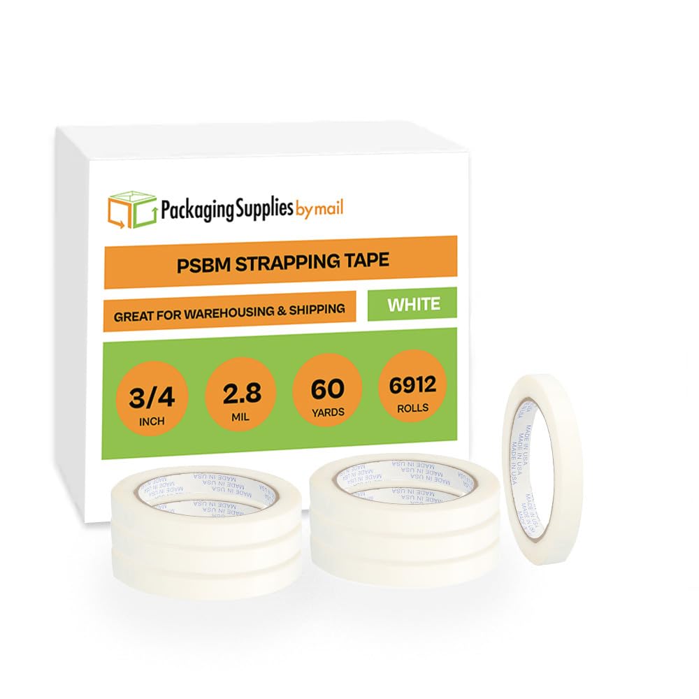 PSBM Heavy Duty Strapping Tape 0.75 Inch x 60 Yards (6912 Pack) - 3/4 Inch White Polypropylene Packaging Tape for Bundling, Palletizing & Reinforcing - Ideal for Shipping, Moving & Warehouse Use