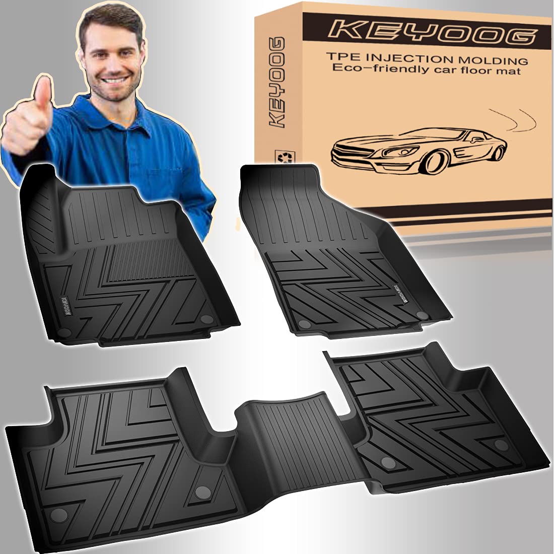 KEYOOG All-Weather TPE Car Floor Mats for 2015-2021 Jeep Cherokee (Excluding Grand Cherokee) - 3-Piece Set (1st & 2nd Row) - Black Automotive Interior Accessories for Rain, Snow, Mud Protection - Perfect for Off-Roading, Daily Commute & Family Trips