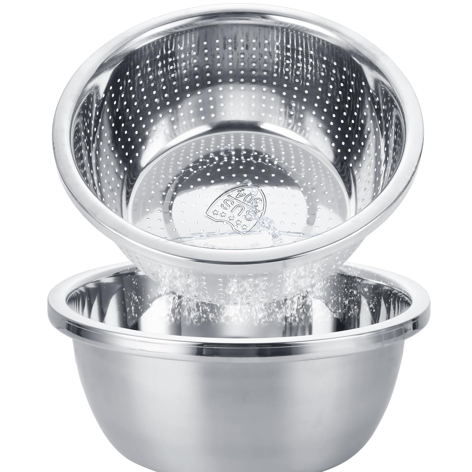 2-Pack 5QT 304 Stainless Steel Colander Strainer with Mixing Bowl - Large Metal Kitchen Strainer for Washing Vegetables, Fruits & Rice - Dishwasher Safe - Perfect for Meal Prep, Salad Making & Pasta Draining