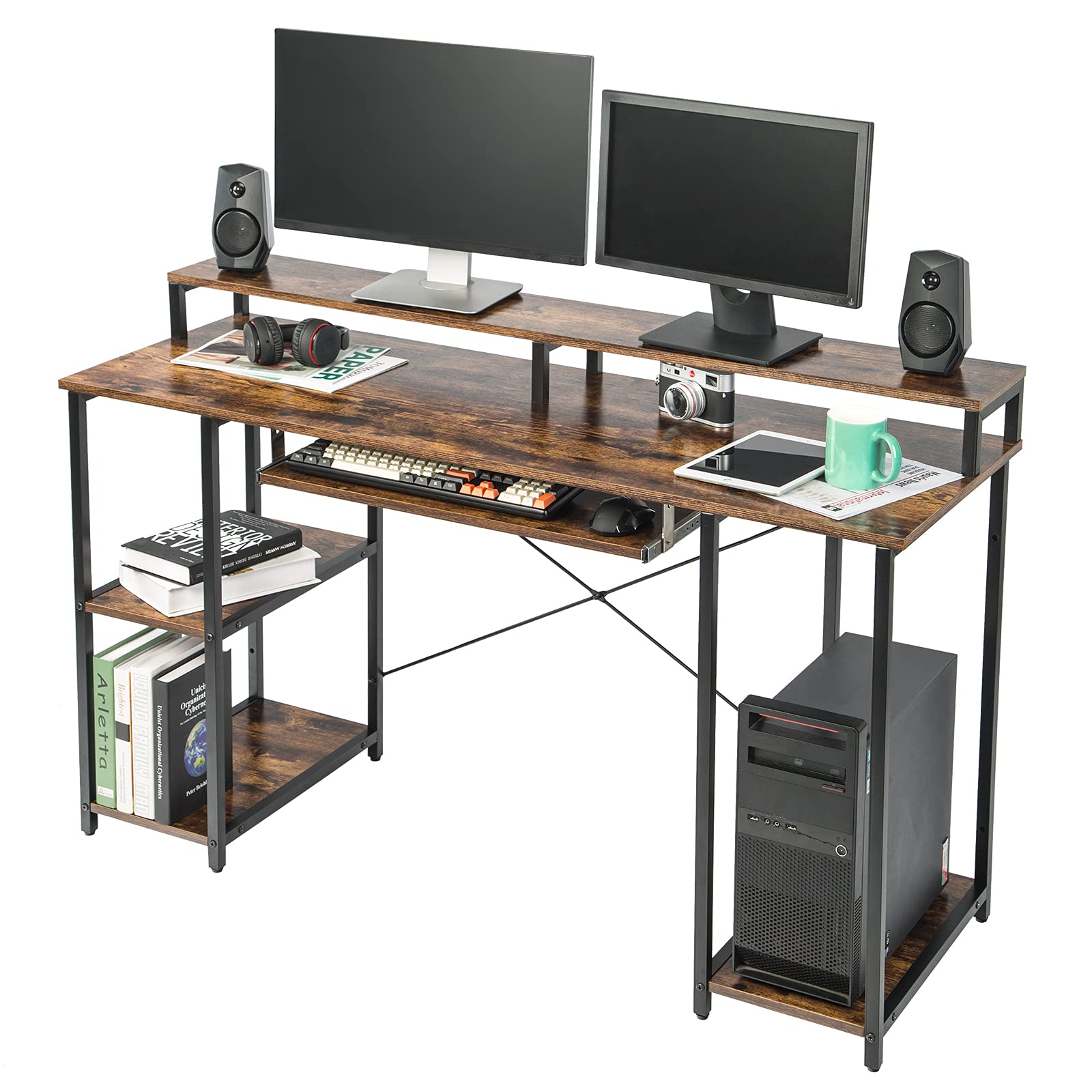 TOPSKY 54-inch Rustic Brown Computer Desk with Storage Shelves, 24.5