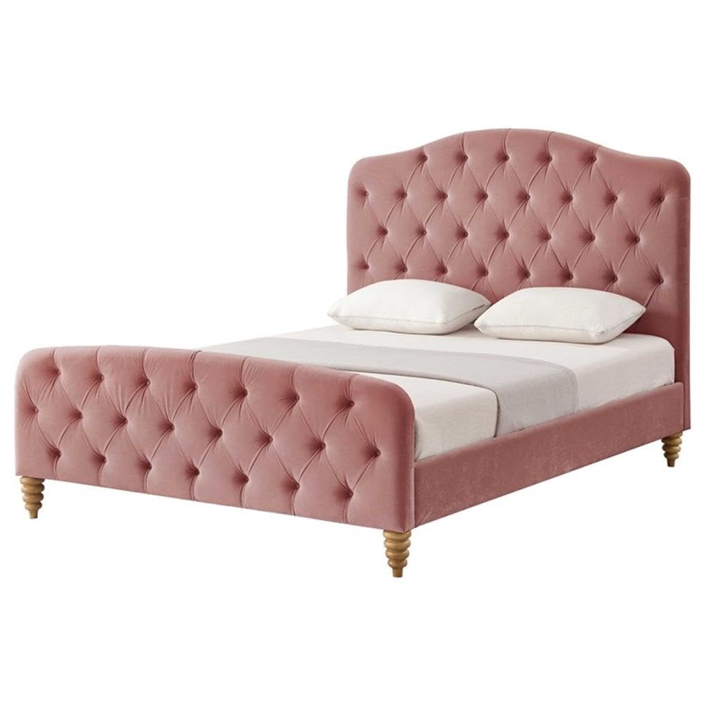 Luxury Blush Velvet Queen Bed Frame with Diamond Tufted Headboard & Footboard - Elegant Bedroom Furniture for Master Suite, Guest Room, or Apartment Decor