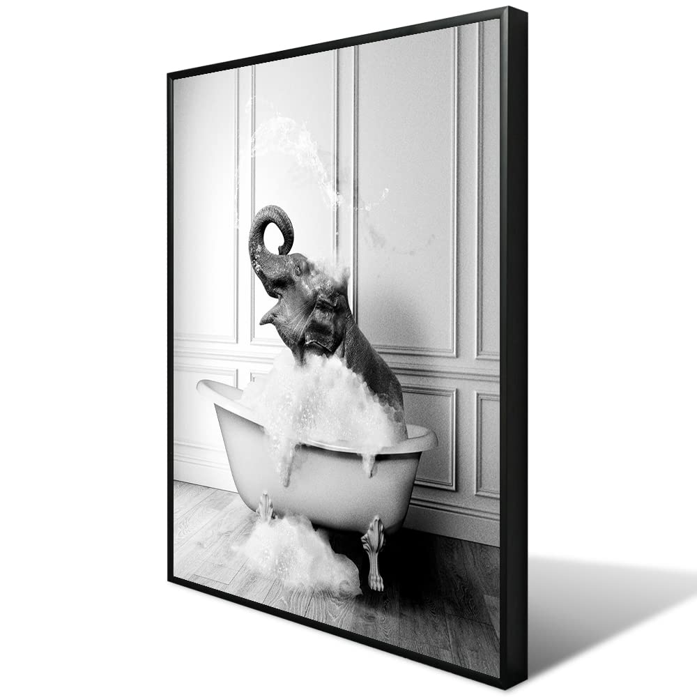 Funny Elephant Canvas Wall Art - Cute Black White Bathroom Decor for Home & Bedroom - 12x16in Framed Painting