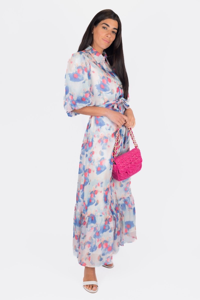 AMELIE DRESS 53 - Floral Print Summer Dress in Peach & Blue | Women's Casual Sundress for Beach, Vacation & Outdoor Activities