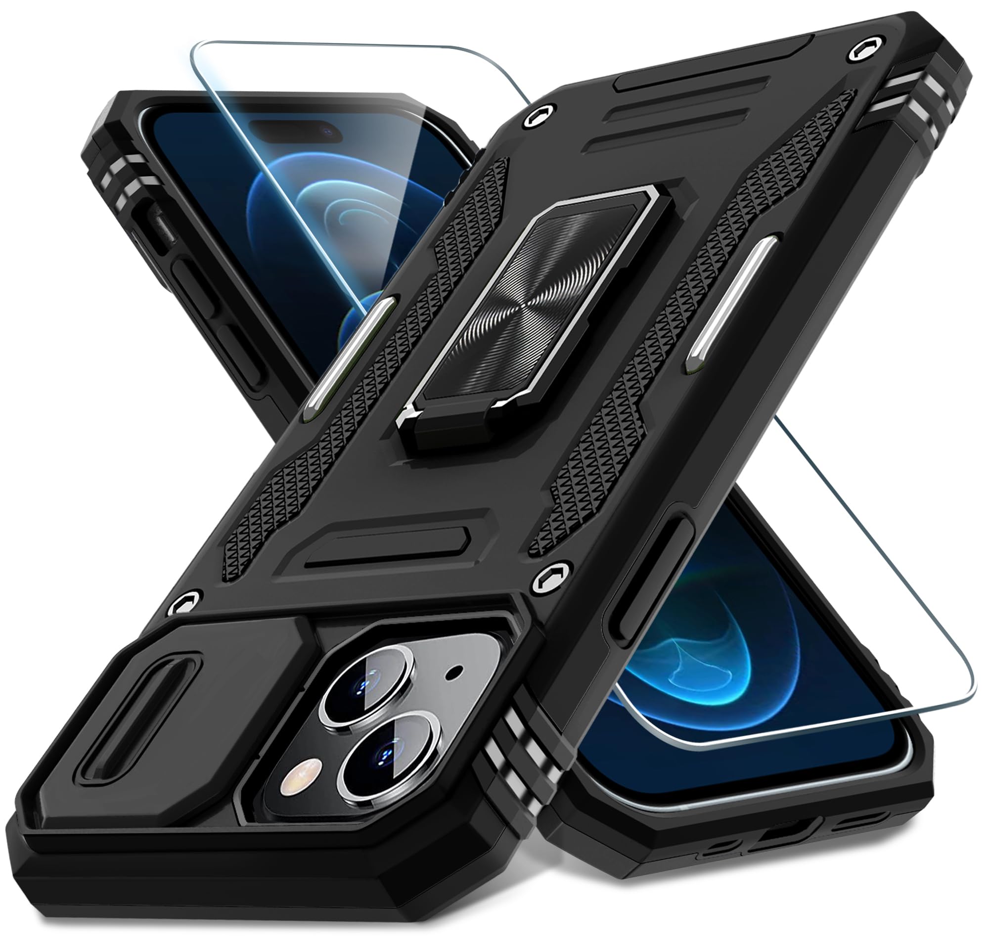 DEERLAMN iPhone 15 Plus Case with Slide Camera Cover & Screen Protector (6.7 Inch) - Military Grade Shockproof Protective Cover with Rotating Ring Kickstand - Black | Perfect for Outdoor Activities, Travel & Daily Protection
