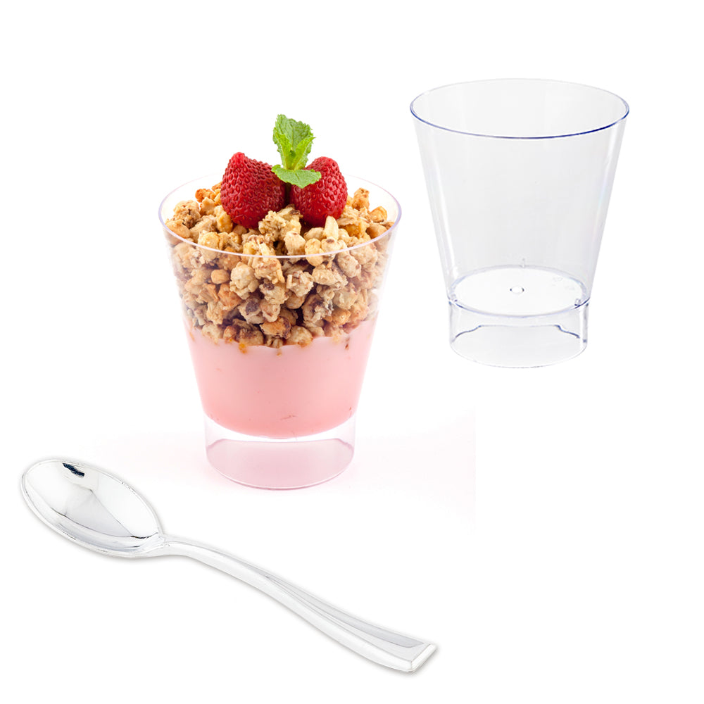 100 Pack 7 oz Clear Plastic Parfait Glasses with 100 Silver Mini Spoons - Perfect for Desserts, Ice Cream, Parties & Catering