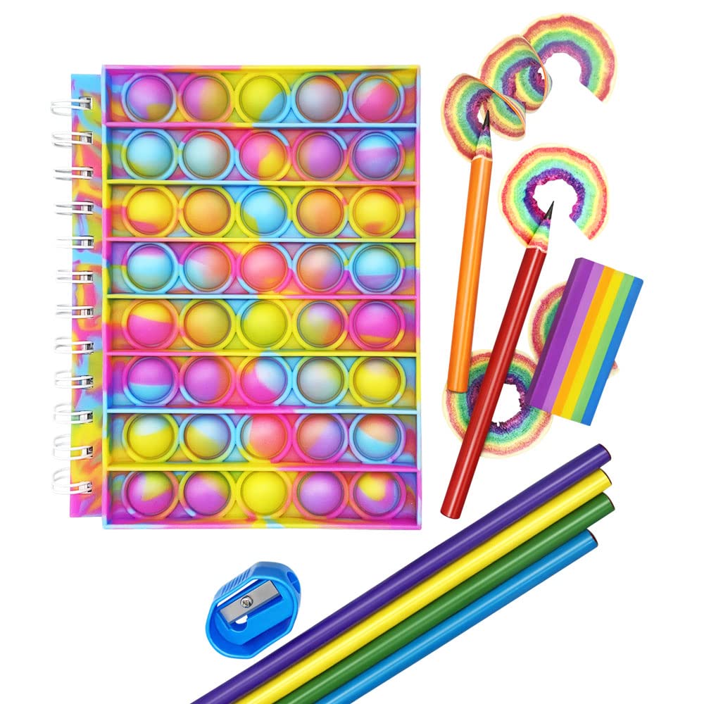 Pop Its Spiral Notebook for School - Cute College Ruled Journal for Girls with Rainbow Pencils, Eraser & Sharpener Set - Perfect for Classroom, Study Notes & Gift Giving