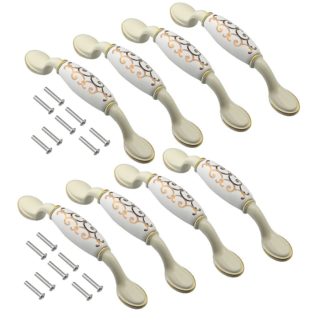 WMYCONGCONG 8-Pack Ceramic Cabinet Handles - White & Gold Pattern Drawer Pulls (3-3/4