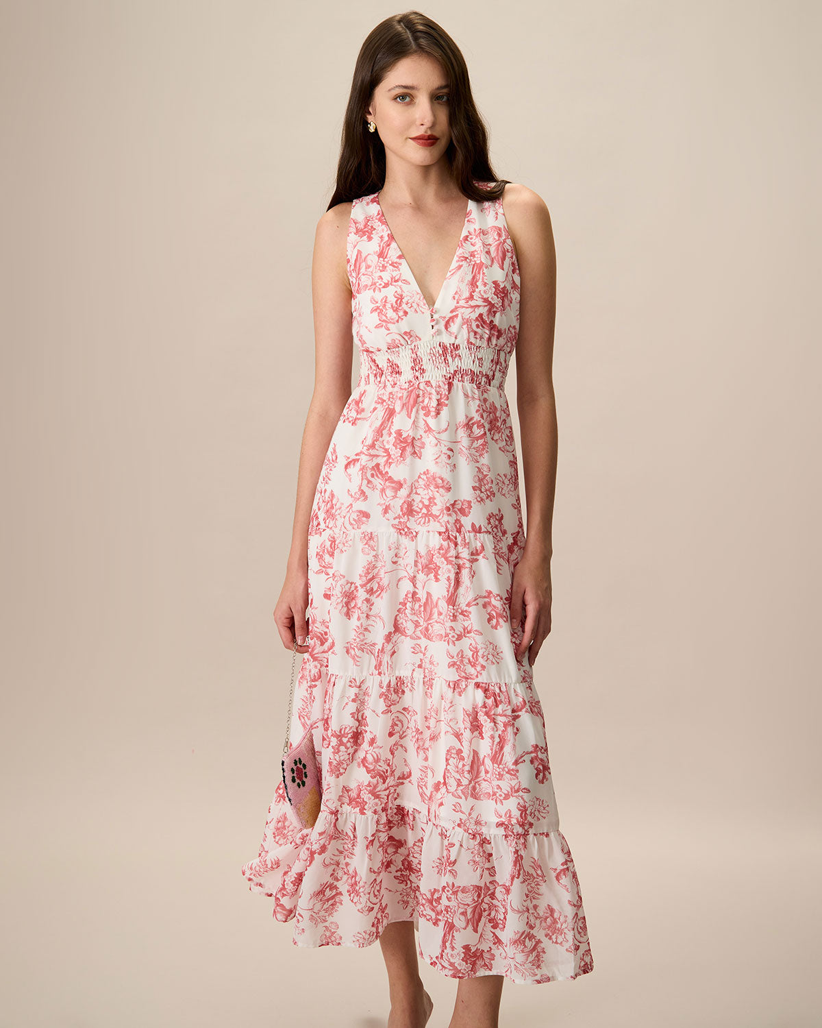 Women's Red Floral Ruched Sleeveless Maxi Dress - Elegant Summer Beach Wedding Party Gown for Vacation & Special Occasions
