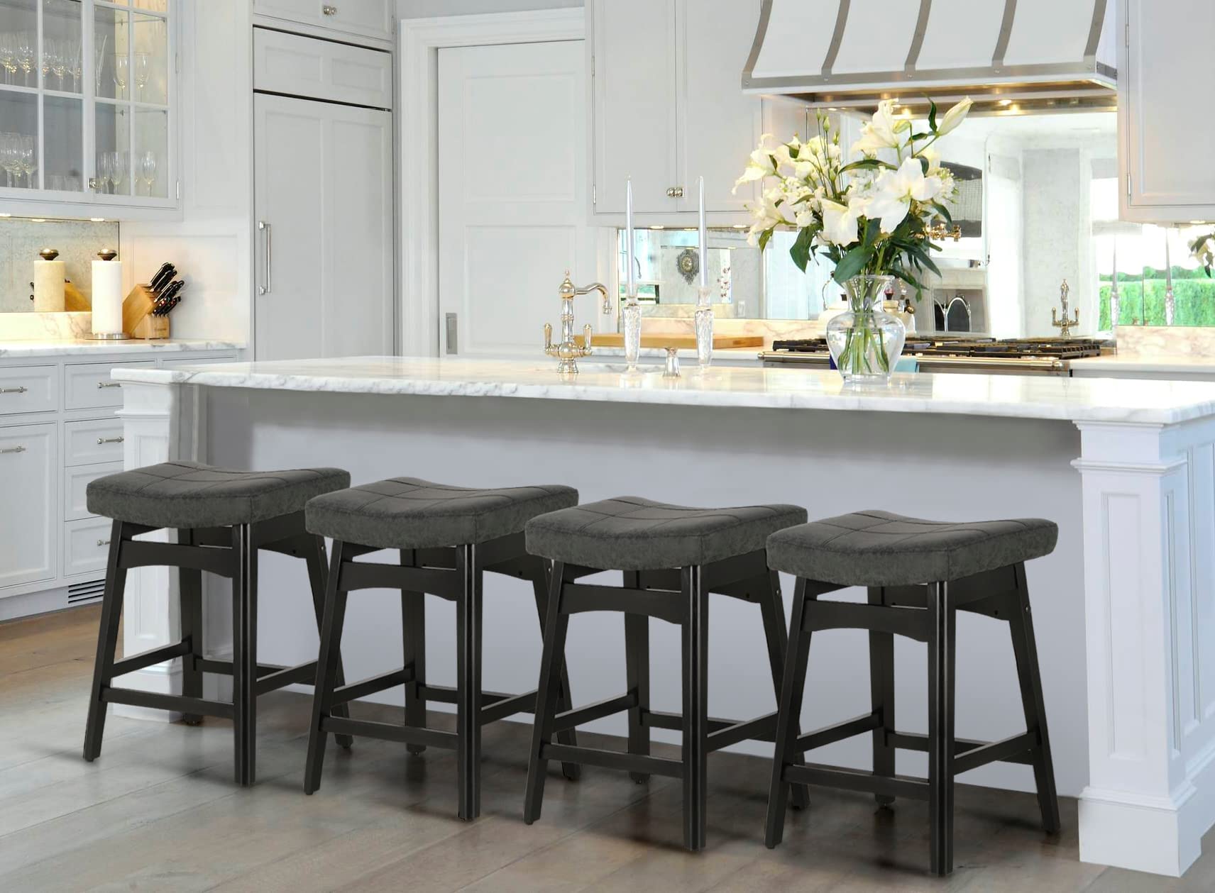 MAISON ARTS Black Counter Height Bar Stools Set of 4 - Solid Wood Legs with Faux Leather Saddle Seat - Farmhouse Style Kitchen Island Stools for 34