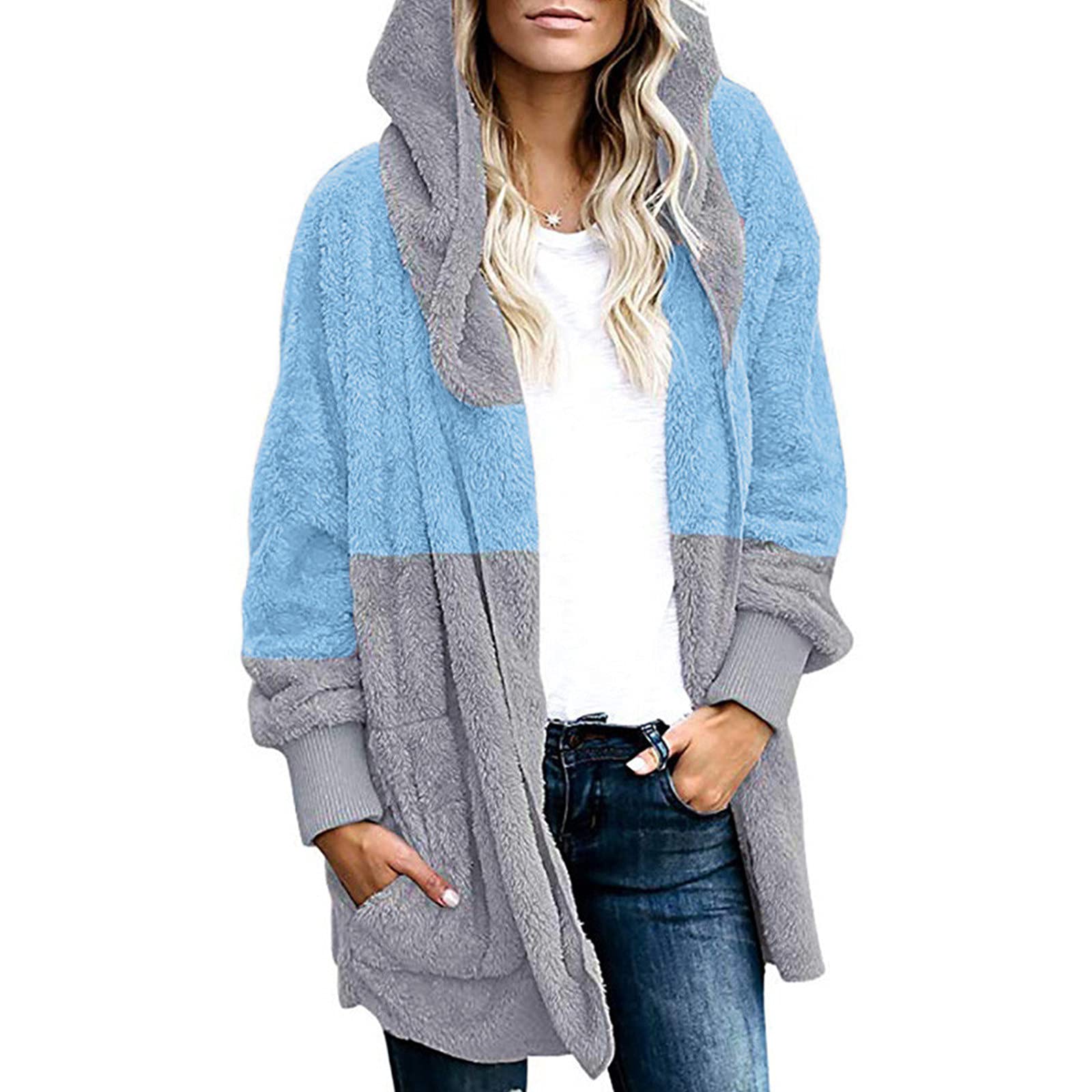 Women's Long Sleeve Color Block Fuzzy Fleece Open Front Hooded Cardigan Jacket with Pockets - Cozy Winter Outerwear for Casual Wear & Lounging