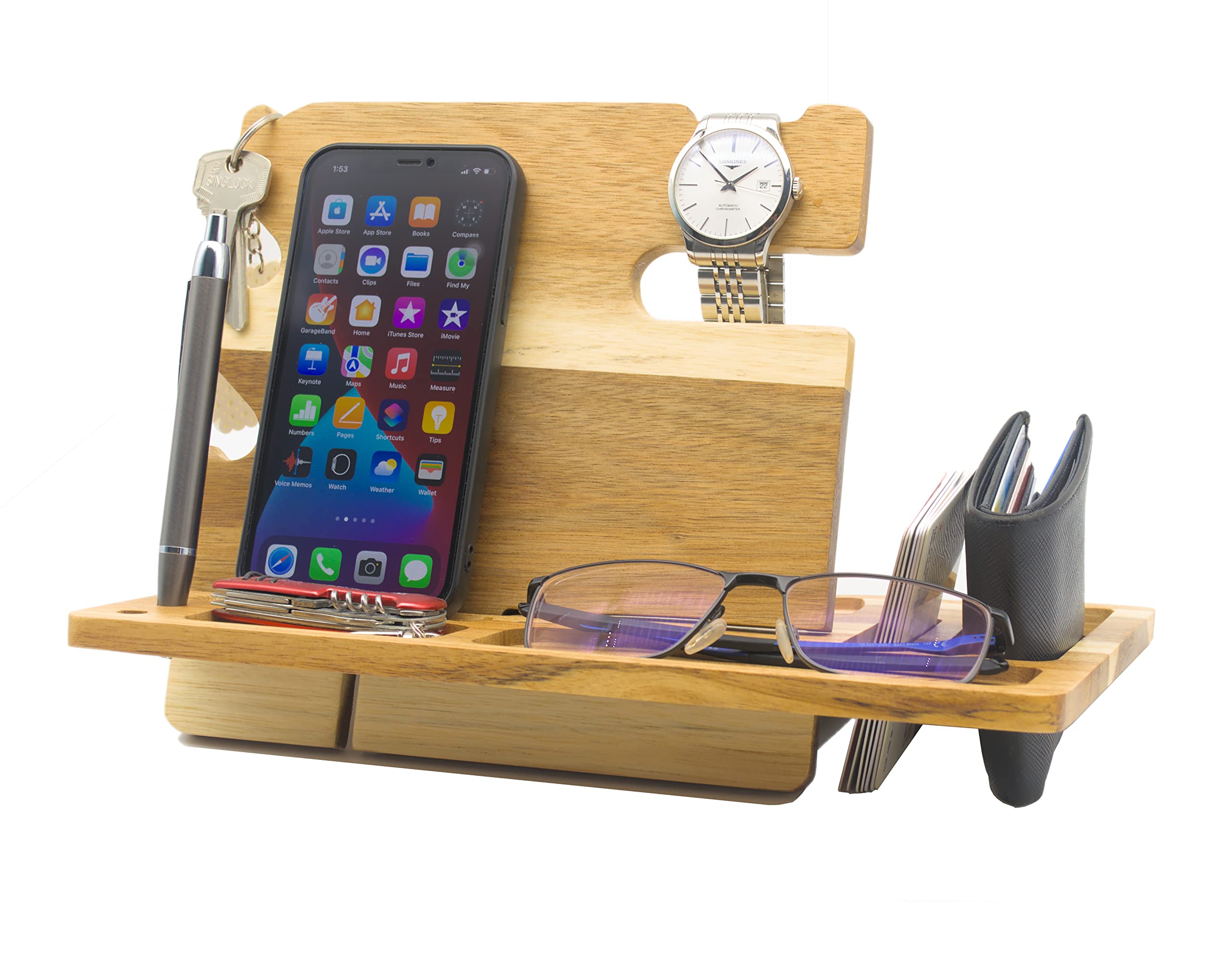Wooden Phone Dock & Nightstand Organizer for Men - Bedside Table, Wallet, Key & Desk Organizer | Stylish Gadget for Men, Perfect Birthday Gift & Present for Dad by Fomo Planet | Ideal for Bedroom, Office & Travel Accessories Storage