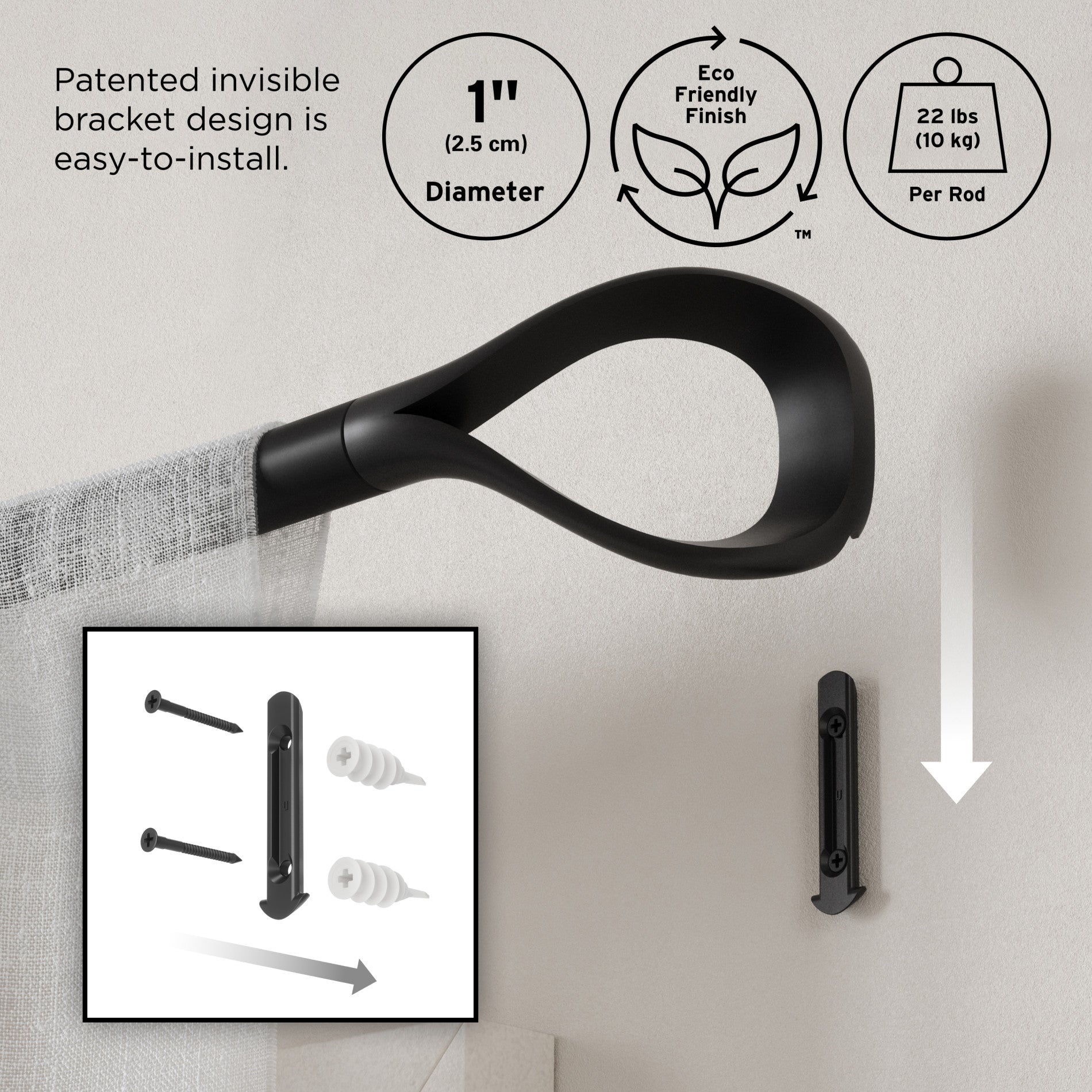 Loop 1 Adjustable Curtain Rod - Heavy Duty Stainless Steel Tension Rod for Windows, Doors & Room Dividers - Perfect for Home, Office & Dorm Decor