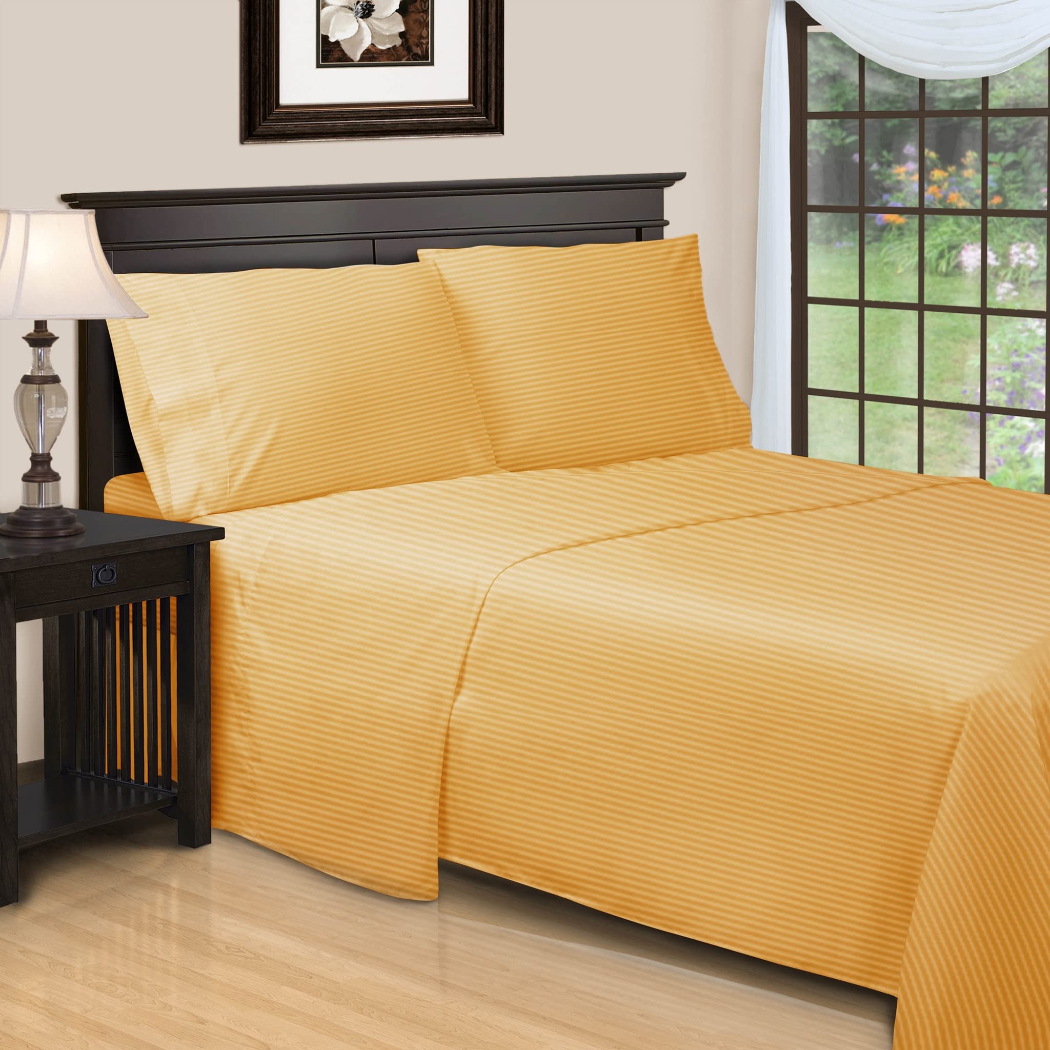 Premium 600 Thread Count 100% Combed Cotton Twin Sheet Set - Soft Striped Gold Bedding for Comfortable Sleep & Luxury Bedroom Decor