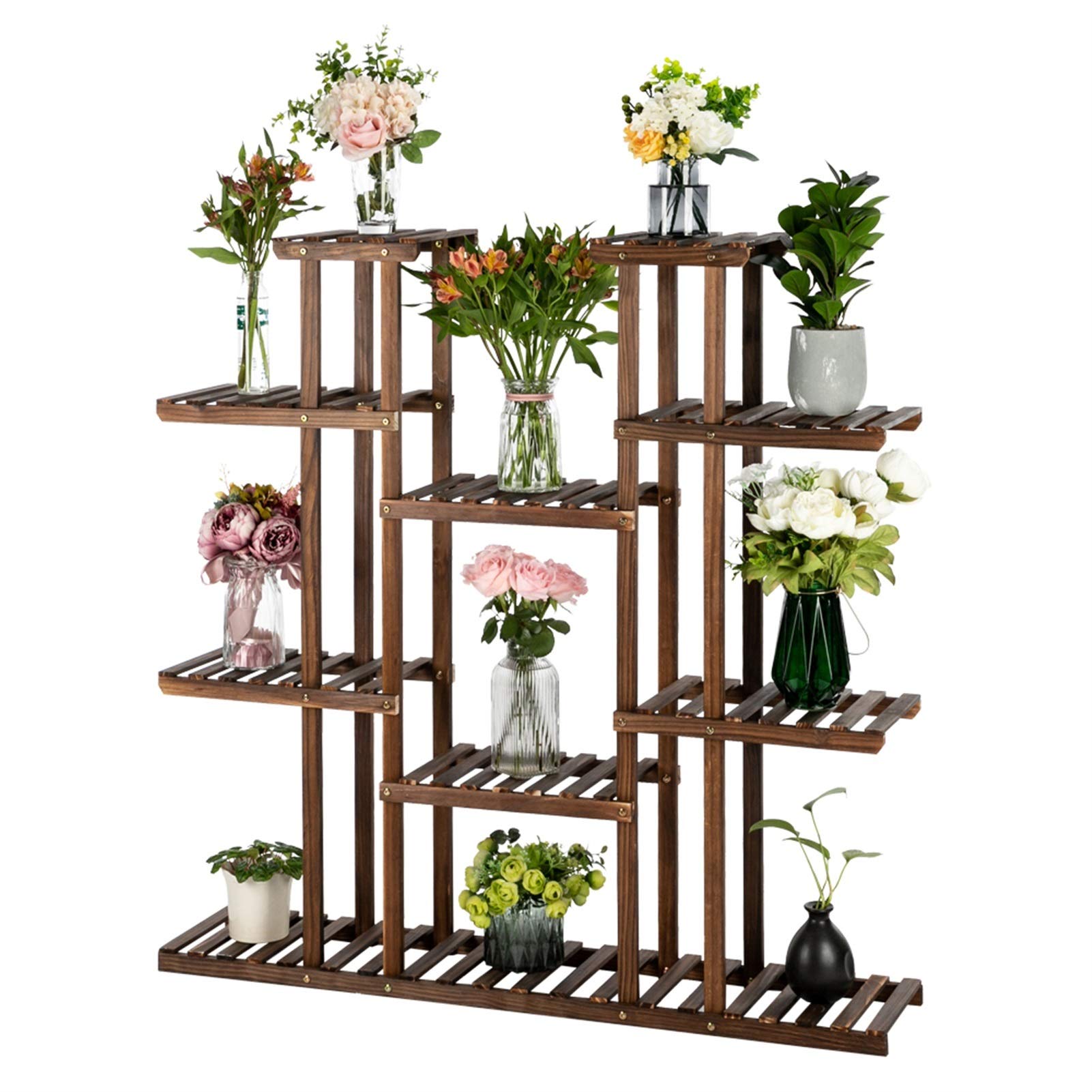 6-Tier Carbonized Wood Plant Stand Shelf - Indoor & Outdoor Multi-Functional Flower Display Rack for Patio, Garden, Balcony & Home Decor (Brown) | Artisasset 11-Seat Plant Holder for Succulents, Herbs & Small Potted Plants