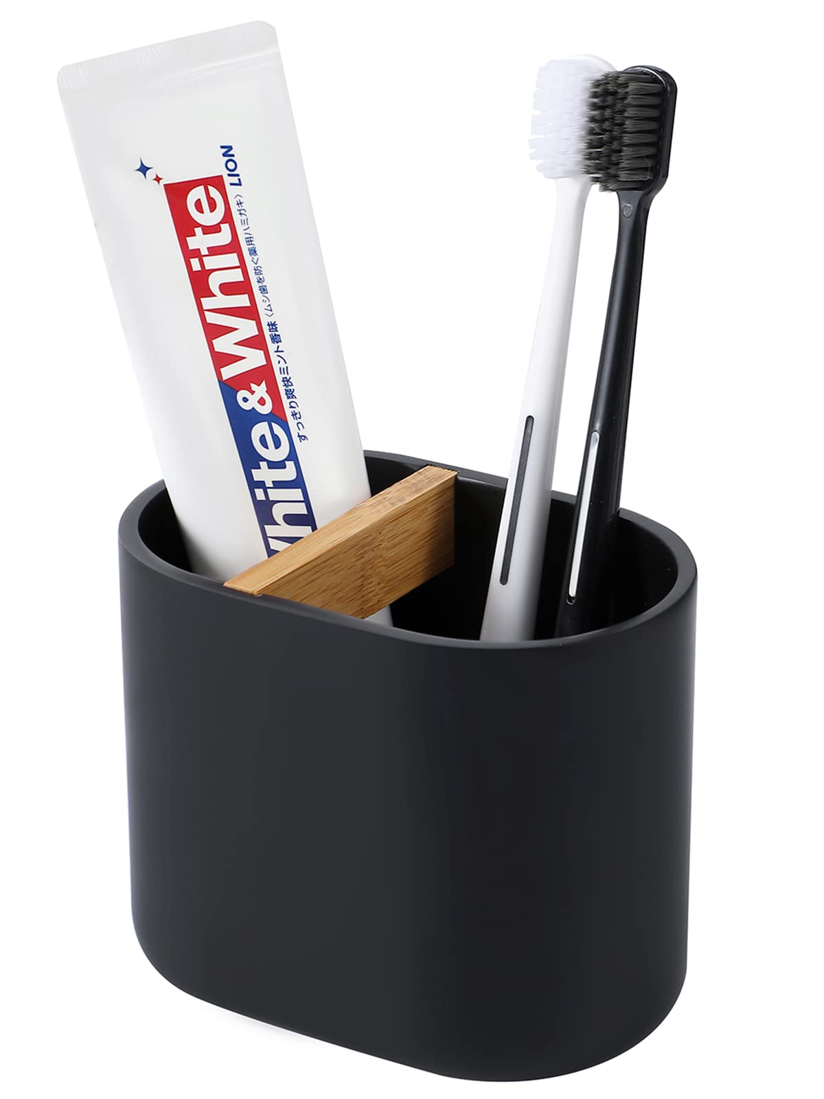 Rejomiik Thick Resin Toothbrush Holder - Bamboo Bathroom Countertop Organizer for Toothbrushes, Razors & Beauty Accessories | Stylish Black Toothpaste & Toiletry Storage Stand for Modern Bathrooms