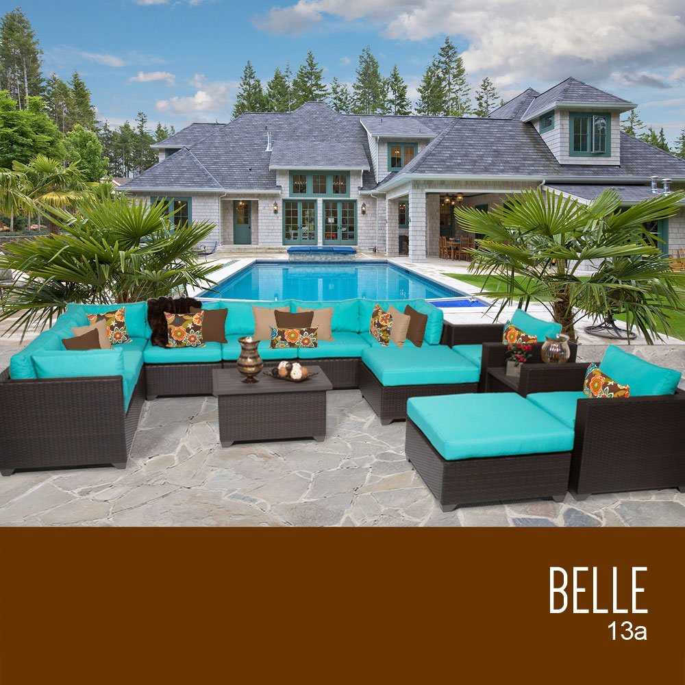 TK Classics 13-Piece Belle Outdoor Wicker Patio Furniture Set - Rattan Sofa Sectional with Coffee Table & Cushions for Garden, Poolside, Backyard & Patio Decor (Aruba Collection)
