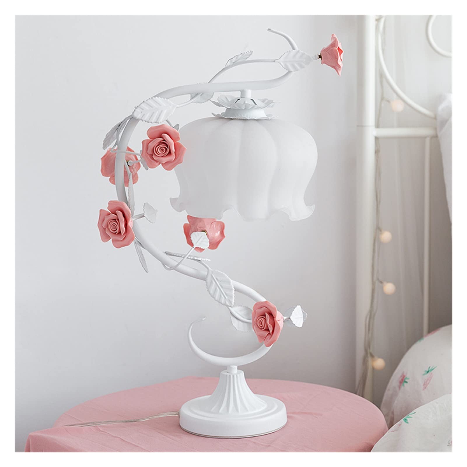 European Romantic Table Lamp for Girls - LED Wrought Iron Bedside Lamp with Rose Flower Design, Princess Room Decor, Children's Bedroom Lighting (White) - Perfect for Bedside, Nursery, Study Desk and Gift Giving
