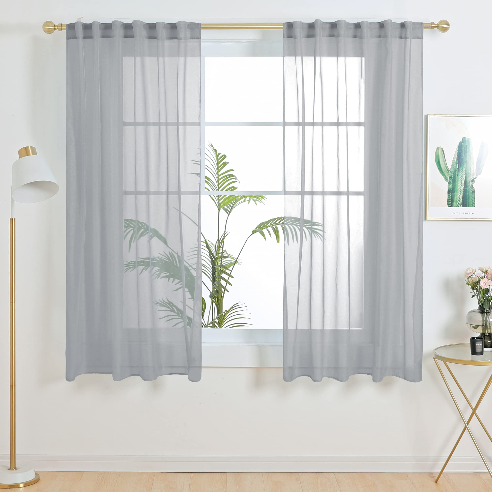 Deconovo Sheer Curtains for Small Windows - Light Filtering Grey Back Tab & Rod Pocket Drapes, 52W x 45L Inches, Set of 2 Panels - Perfect for Bedroom, Living Room & Office Privacy