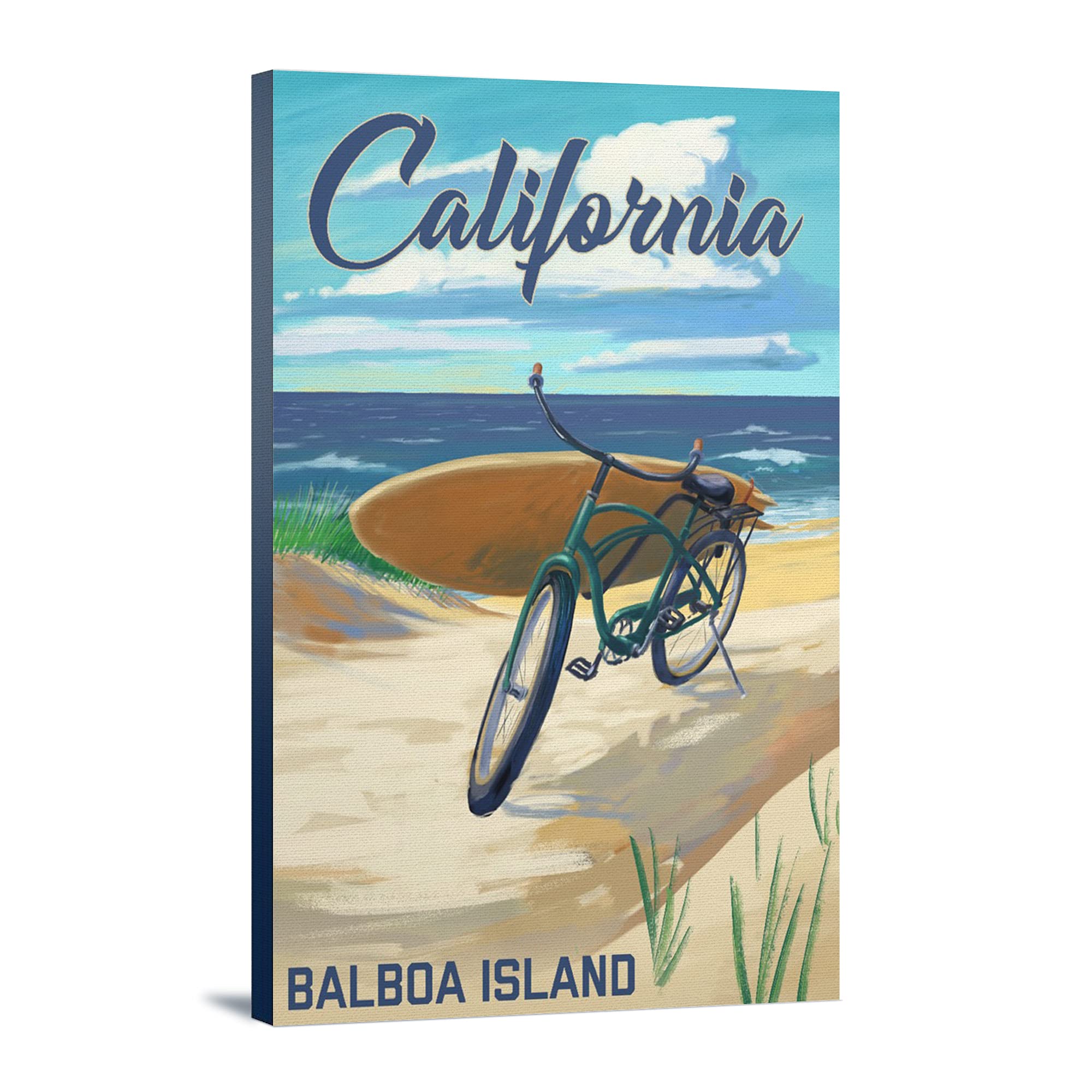 California Balboa Island Beach Cruiser Artwork - 12x18 Wrapped Canvas Wall Decor for Coastal Living Room & Beach House Style