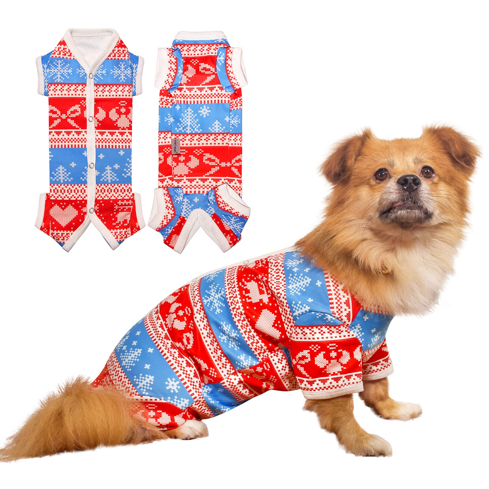 TONY HOBY Dog Pajamas for Small & Medium Dogs - Cozy Winter Dog Jumpsuit with Snowflake Pattern, Warm Pet Shirts (Red & White, Girl, L) - Perfect for Indoor Sleeping & Cold Weather Outfits