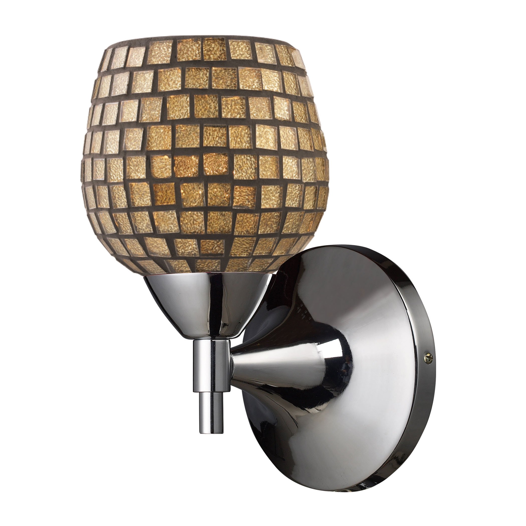 Celina 1-Light Chrome Wall Sconce with Gold Mosaic Glass Shade - Perfect for Bedroom, Living Room, or Hallway Lighting Decor