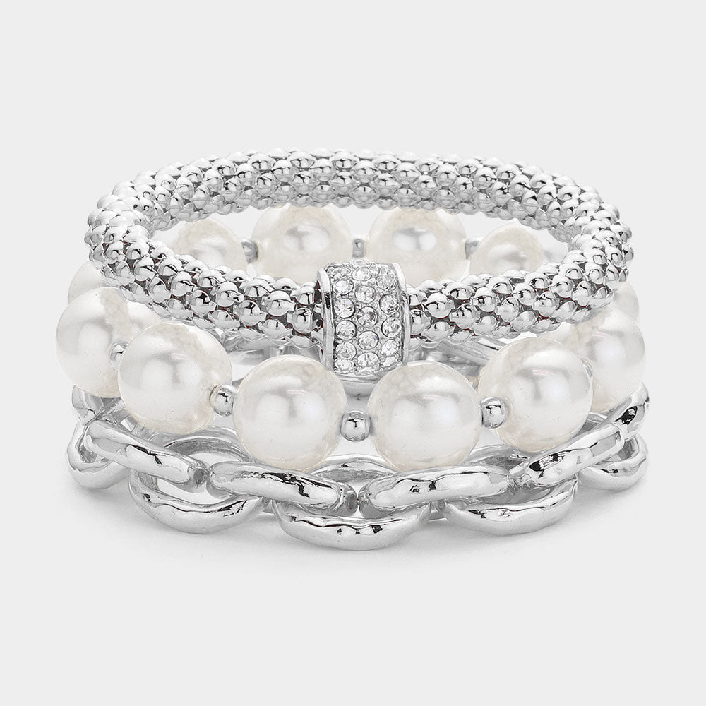 3PCS Silver Pearl Stone Paved Ball Pointed Metal Chain Stretch Bracelets Set - Multi-Layered Fashion Jewelry for Women, Gift for Her, Perfect for Parties, Weddings & Daily Wear