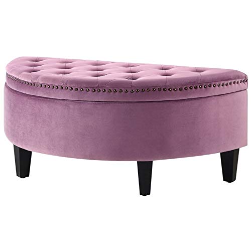 Brika Home Half Moon Velvet Upholstered Storage Ottoman in Mauve - Luxurious Velvet Footrest with Hidden Storage for Living Room, Bedroom & Nursery