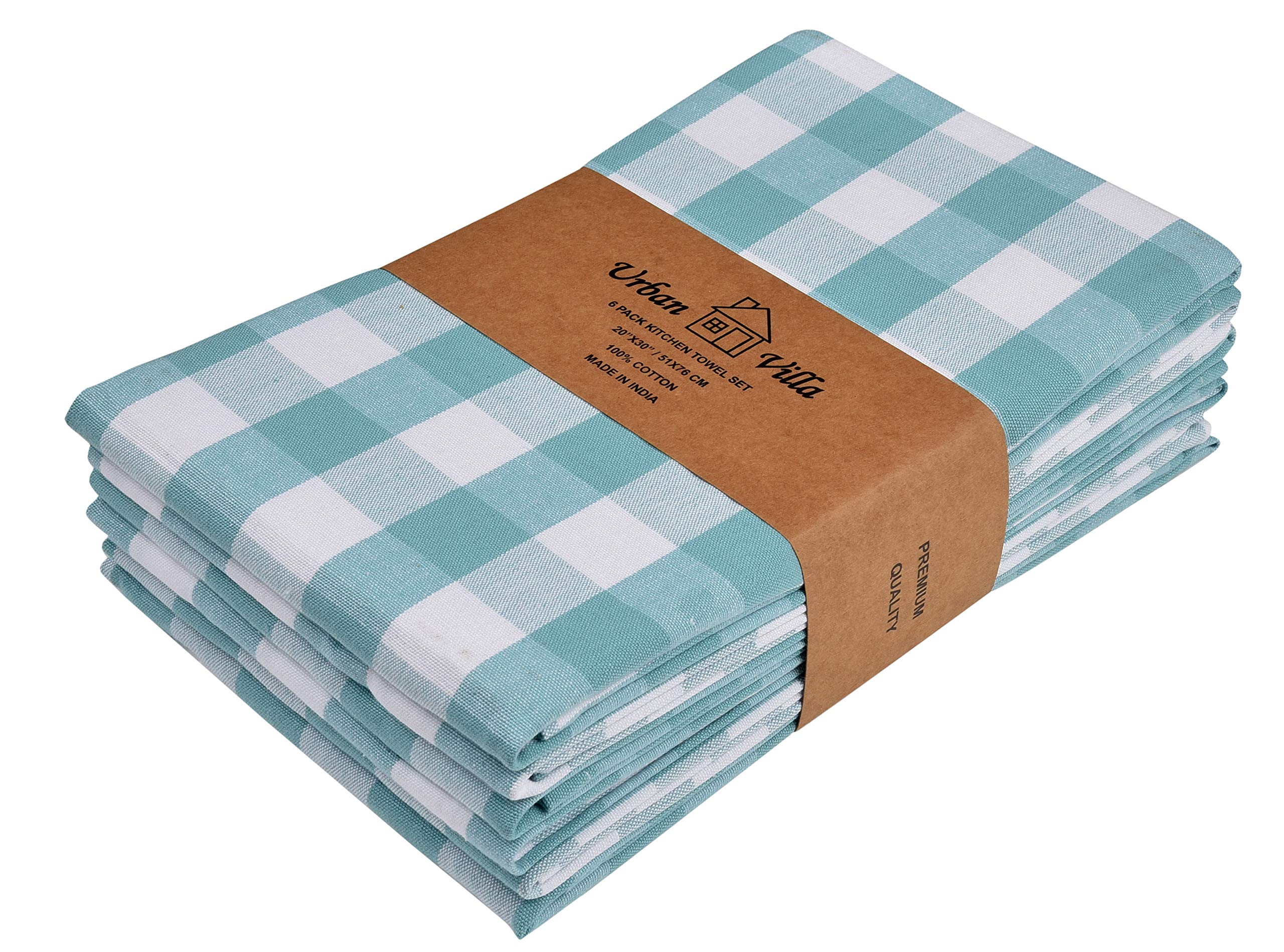 Urban Villa 6-Pack Buffalo Check Aqua/White Kitchen Towels | 20x30 Inches 100% Cotton | Highly Absorbent, Ultra Soft with Mitered Corners | Perfect for Drying Dishes, Cleaning Surfaces, and Adding Farmhouse Charm to Your Kitchen