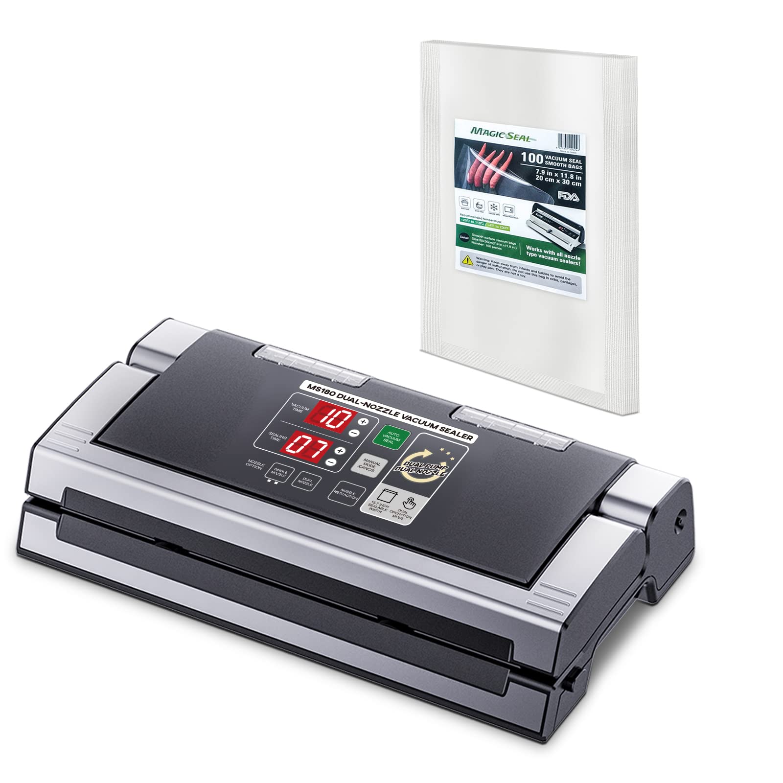 Magic Seal MS180 Vacuum Sealer Machine with 100pcs 8”x12” Smooth Vacuum Bags - Food Preservation System for Meal Prep, Sous Vide & Long-Term Storage