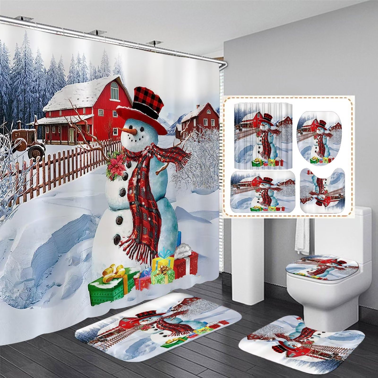 DDQQ 4PCS Waterproof Snowman Christmas Shower Curtain Set with Hooks & Bath Mat - Holiday Bathroom Decor for Families (Perfect for Christmas Home Decor & Gift Giving)