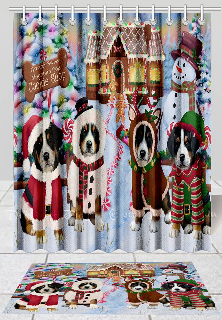 Gingerbread Cookie Shop Greater Swiss Mountain Dog Shower Curtain and Bath Mat Set - Anti-Slip Bathroom Decor with Hooks, Plush Rug (16''x28'') & Polyester Curtain (69''x70'') - Perfect for Dog Lovers' Bathroom and Holiday Decor