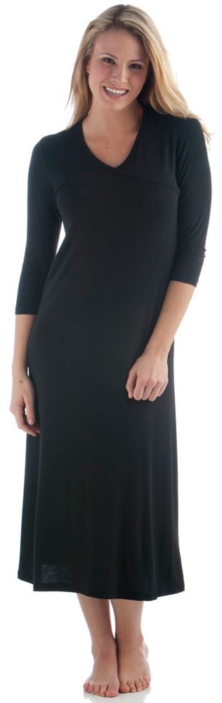 Haley Crossover Front 3/4 Sleeve Nightgown for Women - Soft Sleepwear & Loungewear - Black Comfortable Night Dress for Relaxing at Home or Travel