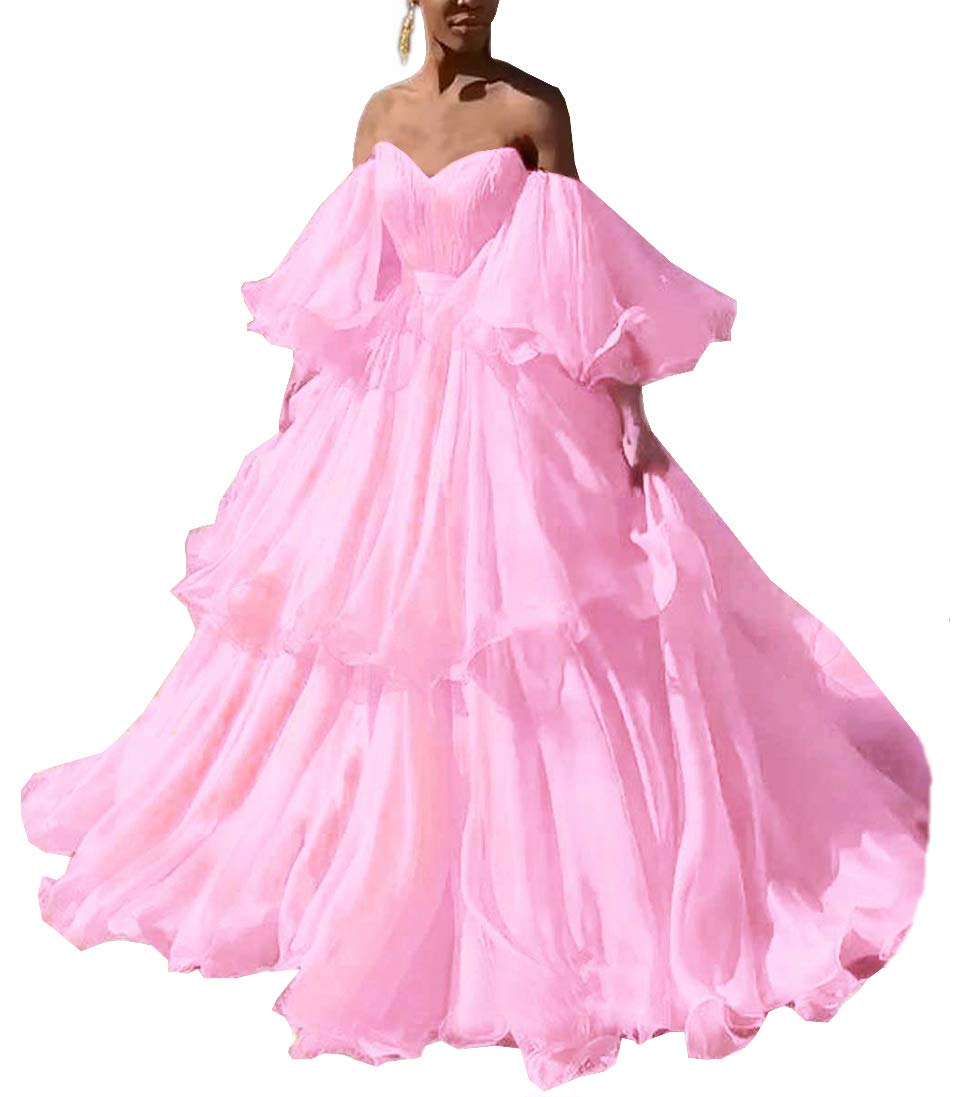 Mauwey Women's Off Shoulder Organza Prom Dress with Ruffles & Puff Sleeves - Elegant Formal Evening Gown for Homecoming, Wedding Guest, Cocktail Party