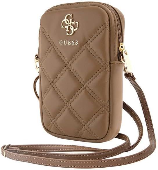 Guess 4G Zip Quilted Crossbody Phone Pouch with Adjustable Strap - Brown | Universal Smartphone Holder for iPhone 15/14/13, Samsung Galaxy | Perfect for Travel, Shopping & Everyday Use