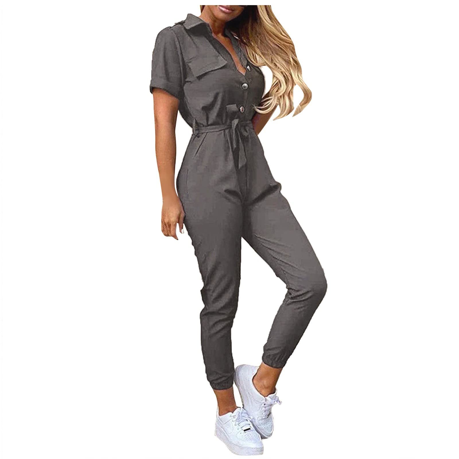 UODSVP Women's Shorts Jumpsuit - Summer Casual Lapel Lace-Up Romper with Printed Belt & Short Sleeves | Urban Fashion Workwear for Office, Outing & Vacation