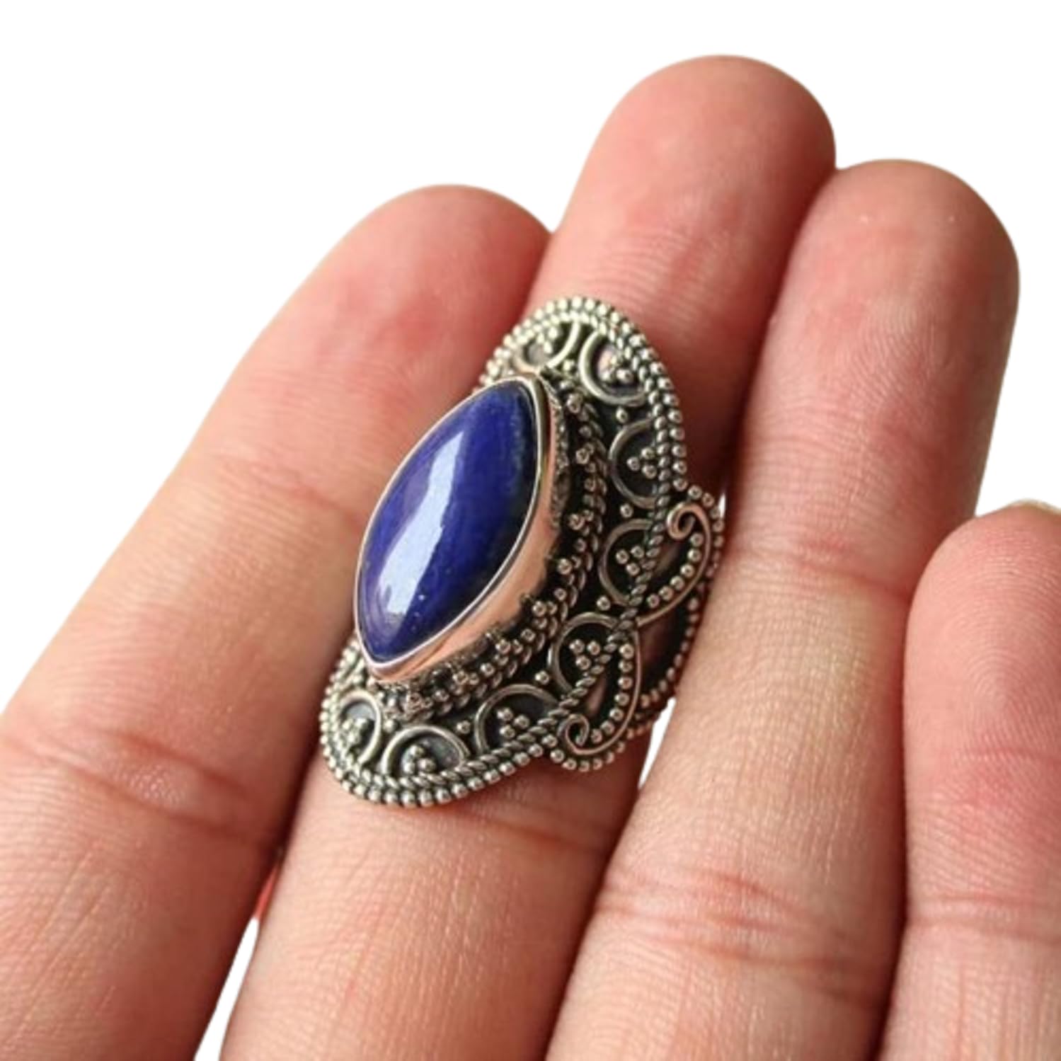 Lapis Lazuli Ring for Women - 925 Sterling Silver Boho Marquise Gemstone Ring | Handmade Blue Stone Statement Jewelry | Victorian Wedding Promise Ring, Mermaid Gift for Her/Him | Perfect for Boho Fashion, Bridal Accessories & Special Occasions