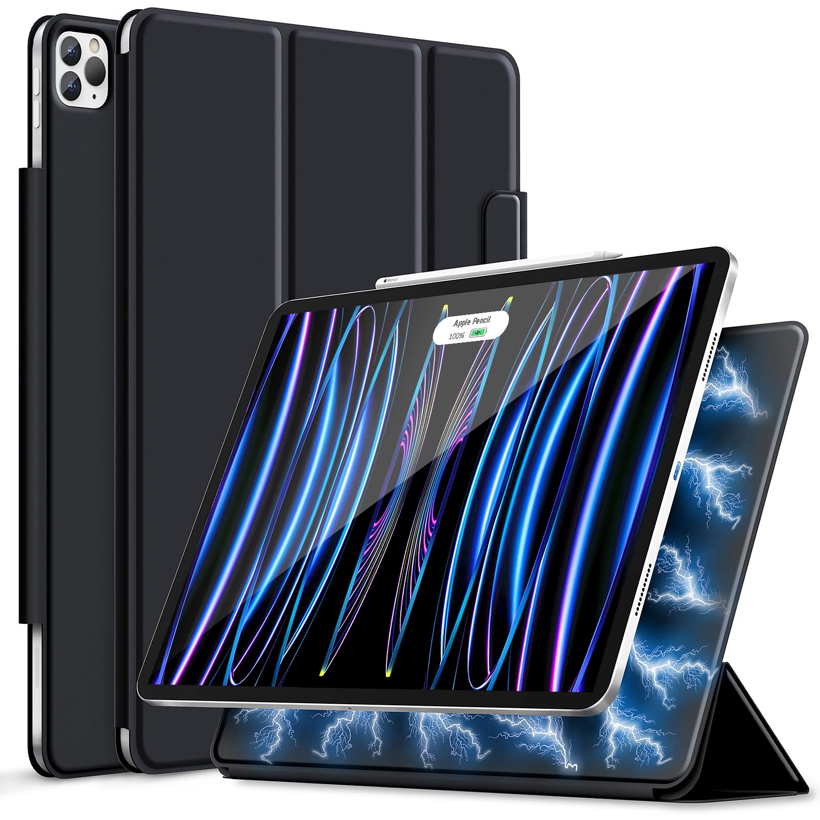 Hoidokly Magnetic Case for iPad Pro 12.9 Inch (6th/5th/4th/3rd Gen 2022-2018) - Smart Folio Cover with Auto Sleep/Wake, Pencil 2 Holder & Trifold Stand - Perfect for Work, Travel and Home Use - Black