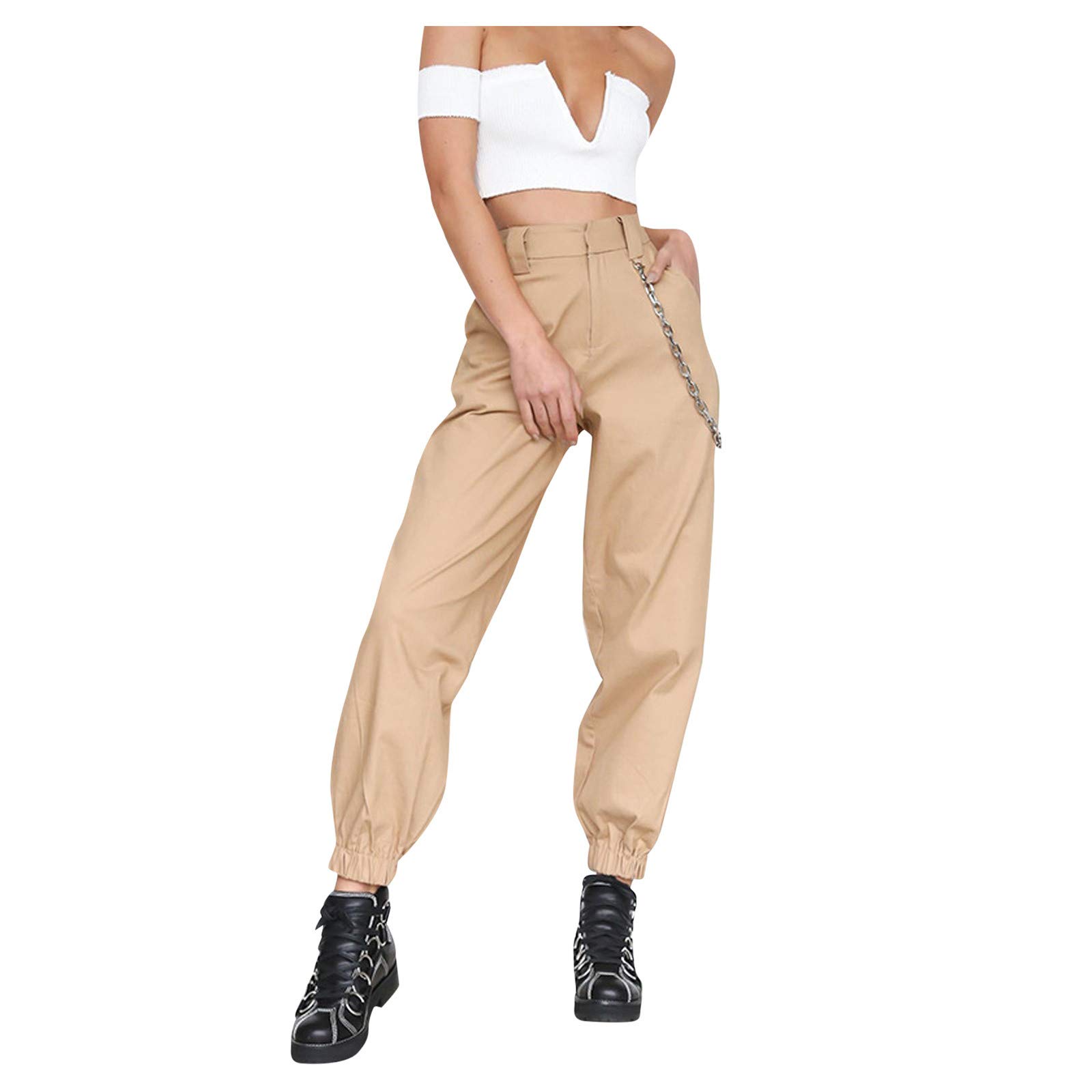 Niuwa Women's Casual Baggy Pants with Small Leg - Monochromatic Loose Fit Harem Sport Pants with Chain Detail | Perfect for Yoga, Gym, Lounge Wear & Street Fashion