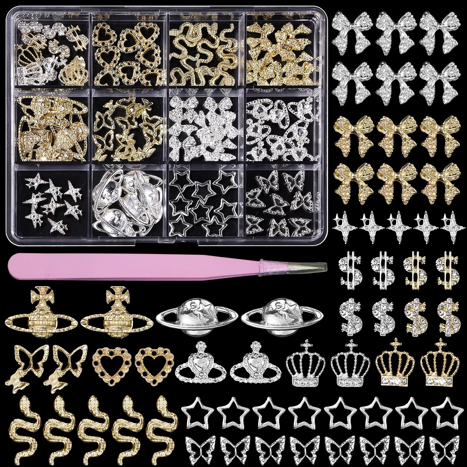 100 Pcs Gold & Silver Star Bow Nail Charms, 3D Crown & Dollar Nail Art Charms, Snake Alloy Nail Decorations for DIY Manicure - Perfect for Parties, Weddings, and Nail Art Enthusiasts