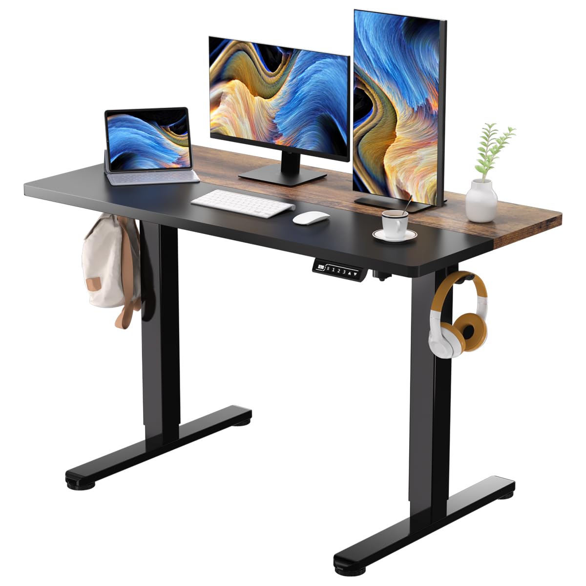 48 x 24 Inch Adjustable Height Electric Standing Desk - Black & Rustic Brown Ergonomic Sit Stand Desk with 2 Hooks & Splice Board | Perfect for Home Office, Gaming Setup & Workspace Productivity