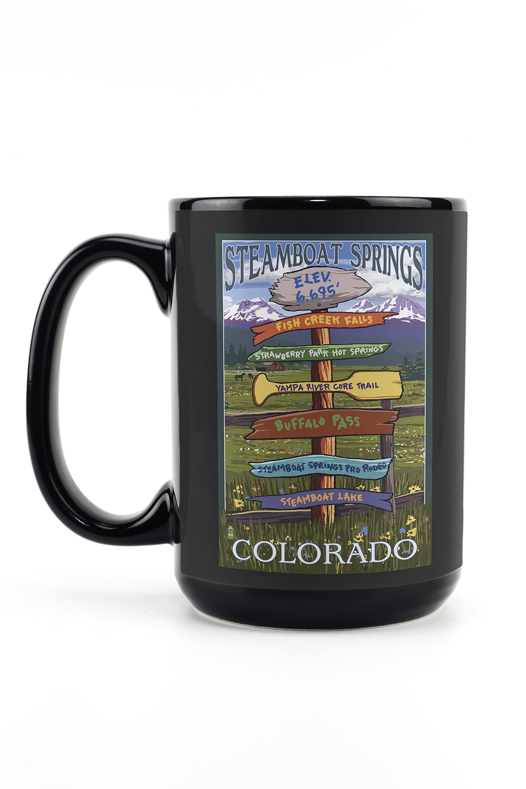 Lantern Press Steamboat Springs Colorado Sign - 15oz Black Ceramic Coffee & Tea Mug - Dishwasher & Microwave Safe - Perfect for Home, Office & Camping Use