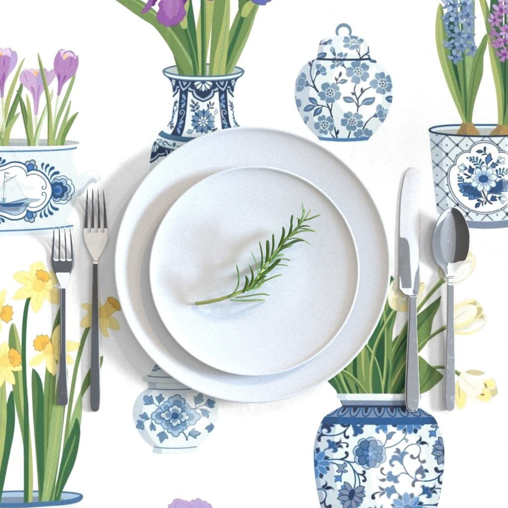 Custom Floral Pots Vases Tulips Chinoiserie Delft Print Cotton Sateen Tablecloth 90