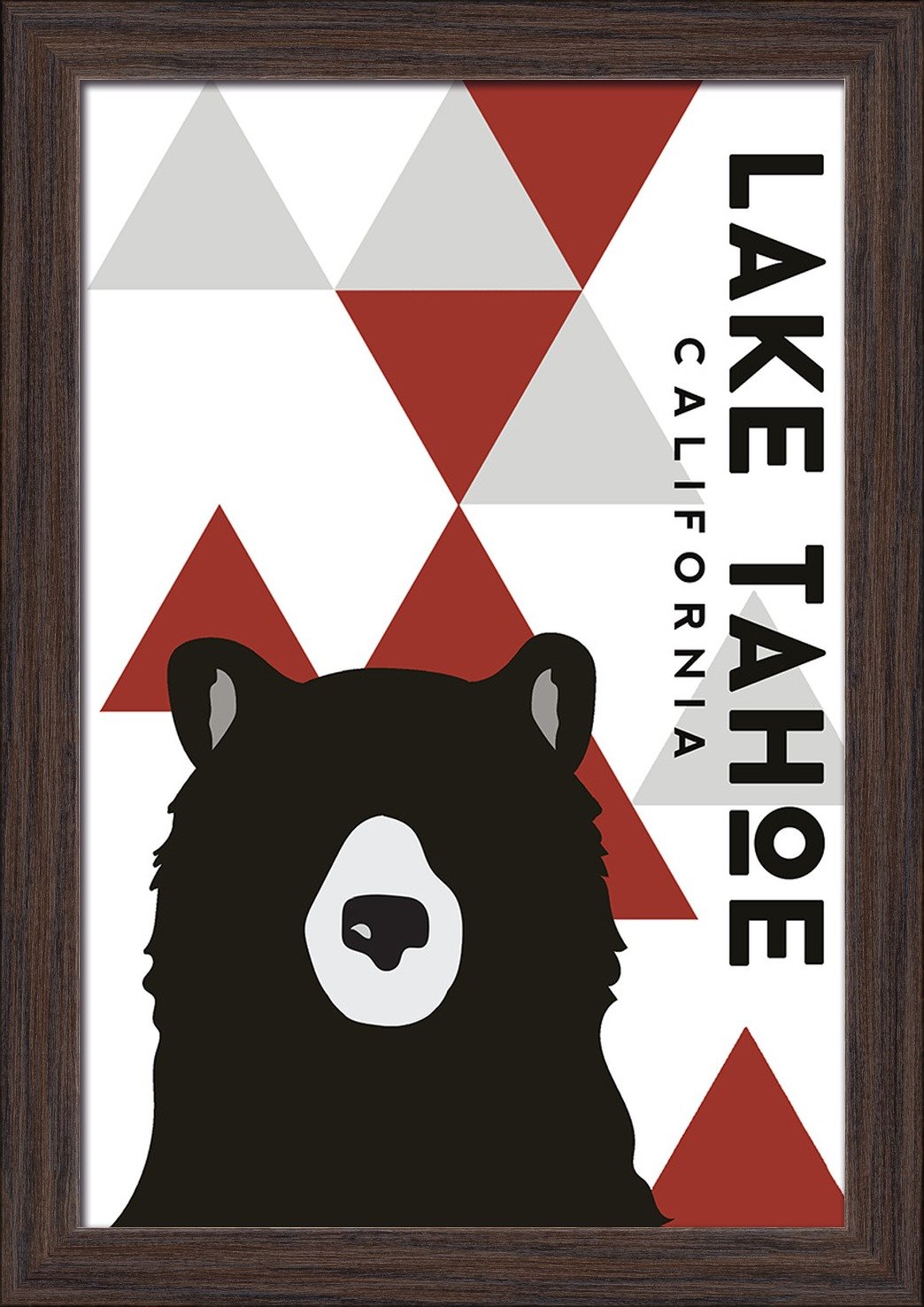 12x18 Giclee Fine Art Print - Lake Tahoe California Bear & Triangles Red Vertical Wall Decor - Recycled Wood Frame in Espresso Brown - Perfect for Living Room, Bedroom or Office