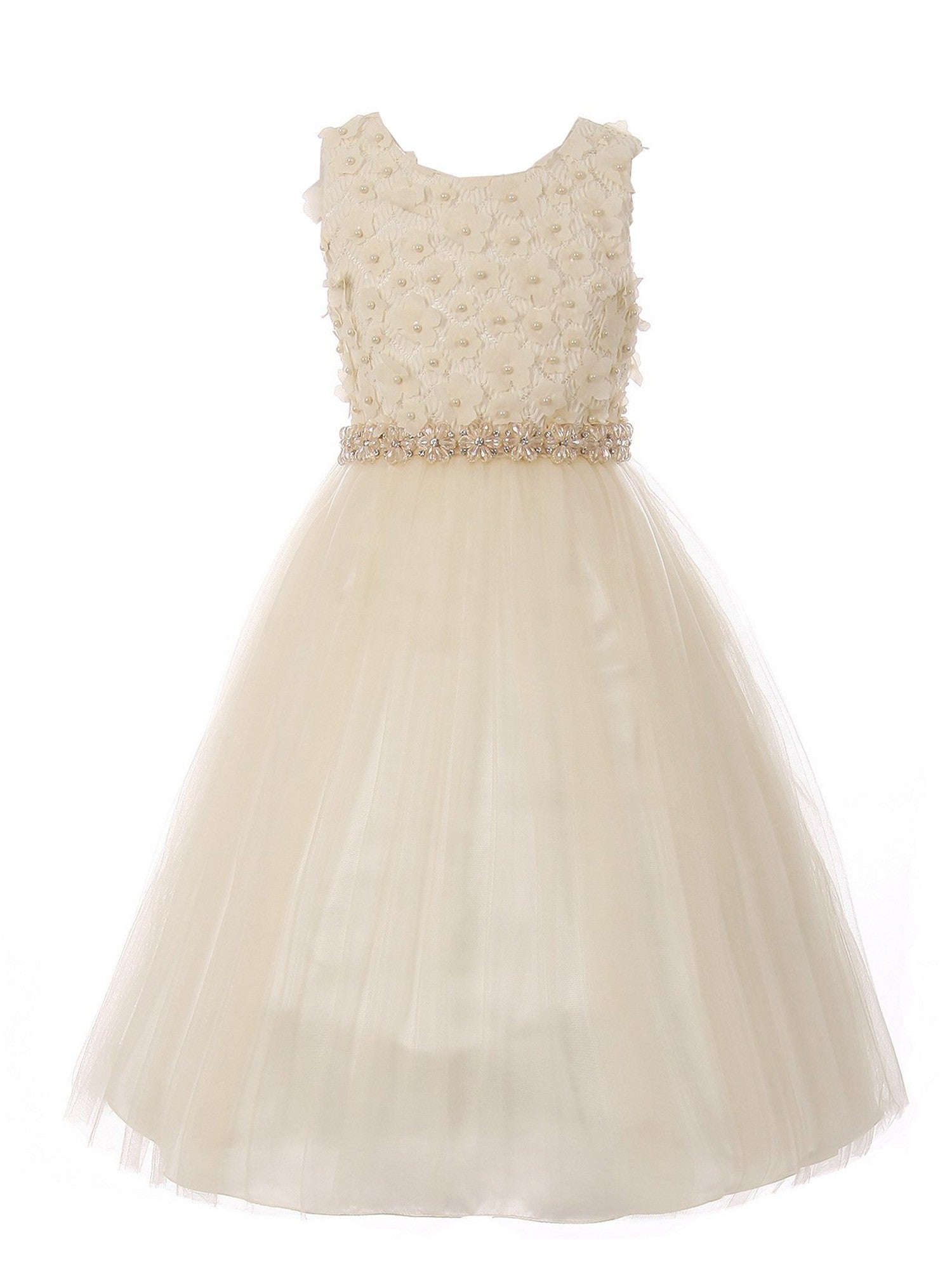 Champagne Pearl 3D Floral Tulle Bridesmaid Dress for Big Girls Size 8-16 - Perfect for Weddings, Prom & Special Occasions