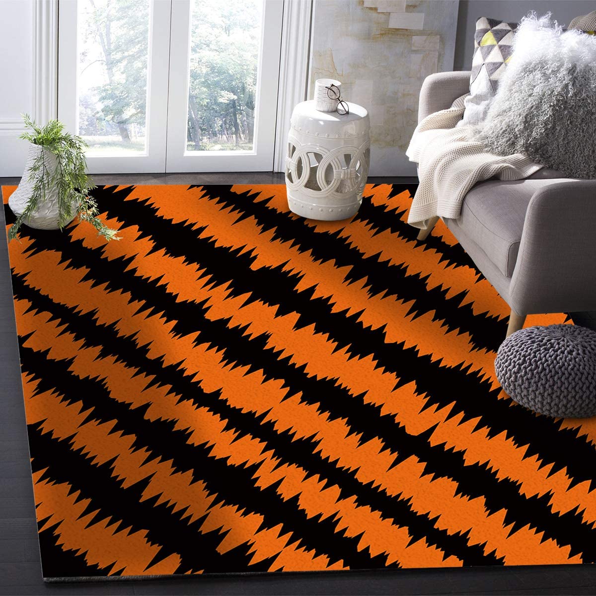 Black and Orange Wavy Stripes Halloween Area Rug - Soft Washable Non-Slip Carpet for Kids Bedroom, Living Room, Dining Room & Study | 2ft x 6ft Halloween Party Decor & Seasonal Home Accent